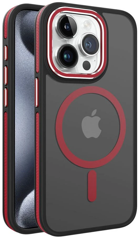 Dėklas „iLike Apple iPhone 15 Pro Max“ galinis dangtelis su dvigubu metaliniu rėmeliu ir „MagSafe“ dėklu Raudona (prekės kodas: ILIAPP15PMMMGR)