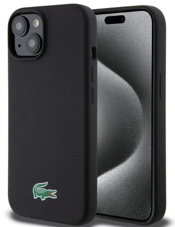 Lacoste Liquid Silicone Microfiber Croc Logo MagSafe dėklas skirtas Apple iPhone 15 juodos spalvos
