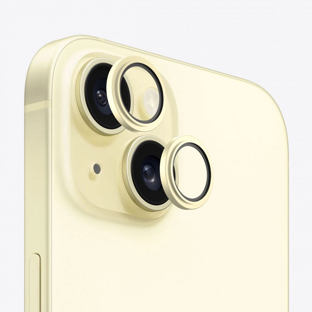 Evelatus iPhone 15 / 15 Plus Kameras Objektīvu Aizsargs Armor Dzeltenā Metāla Rāmī