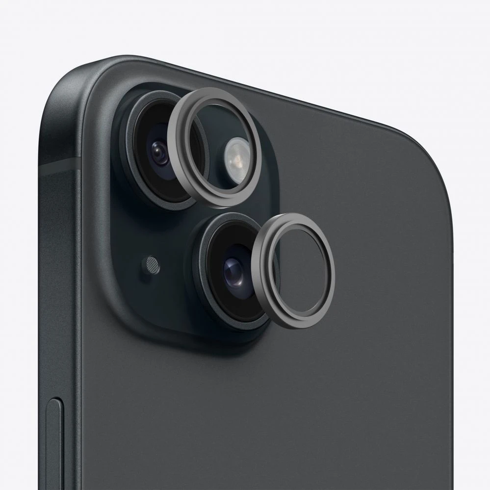 Evelatus iPhone 15 / 15 Plus Kameras Objektīva Aizsargstikls Armor Juodas Metāla Rāmis