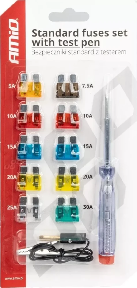 Standartinių saugiklių rinkinys (10 vnt.) + įtampos matuoklis amio-03523