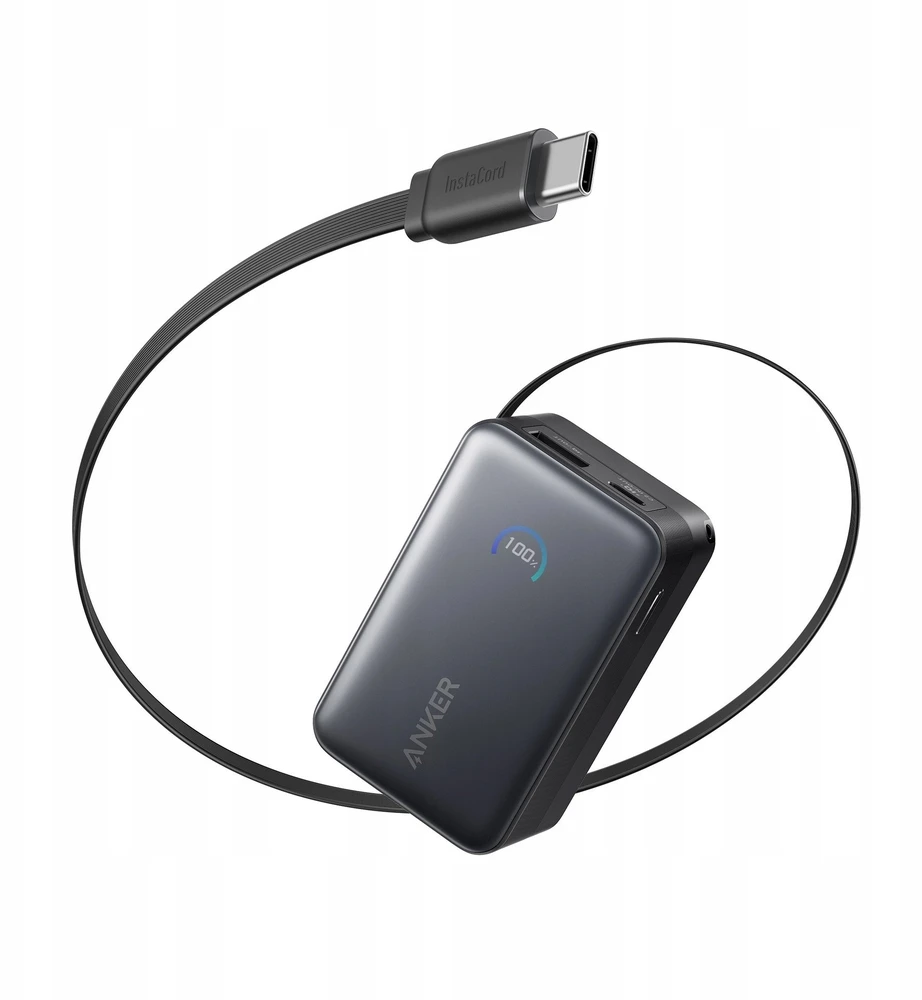 „Anker Nano“ išorinė baterija, 45 W, su integruotu ištraukiamu USB-C laidu | A1638H11 | 10000 mAh | Juodas