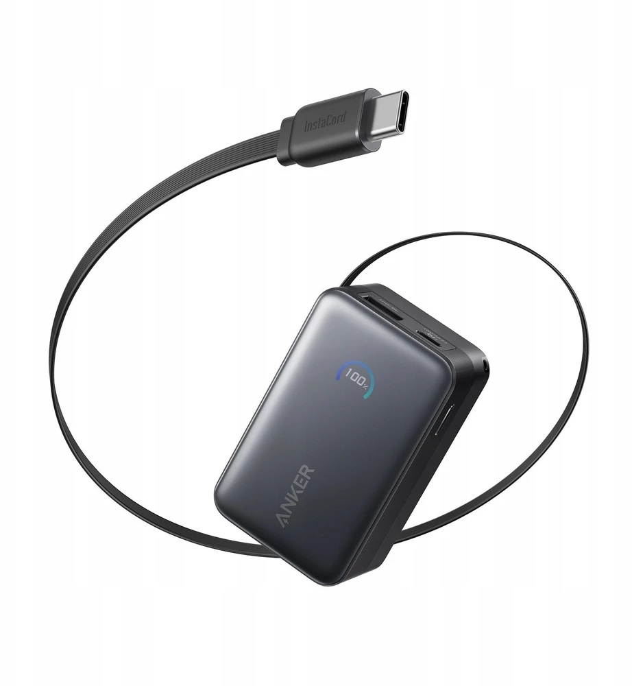„Anker Nano“ išorinė baterija, 45 W, su integruotu ištraukiamu USB-C laidu | A1638H11 | 10000 mAh | Juodas