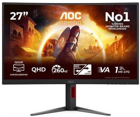 Monitorius AOC CQ27G4Z2 27 colių 16:9 Fast VA 260 Hz OC, natūrali 240 Hz 2560x1440 HAS 130 mm HDMI x 2x 2.0 DP x 1x 1.4