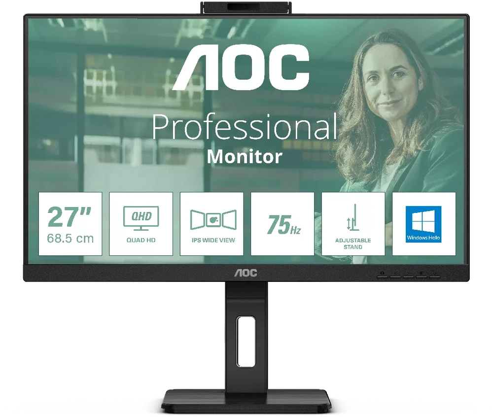 Monitorius AOC Q27P3CW, 27" QHD (2560x1440) IPS, 75Hz, USB-C, iškylanti internetinė kamera, garsiakalbiai, reguliuojamas stovas