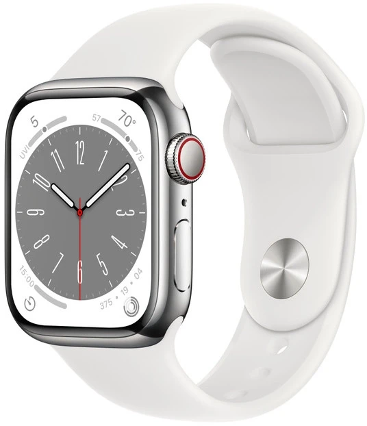 Išmanusis laikrodis „Apple Watch 8 GPS + Cellular“ 41 mm nerūdijančio plieno sportinis dirželis, sidabrinis/baltas (MNJ53EL/A)