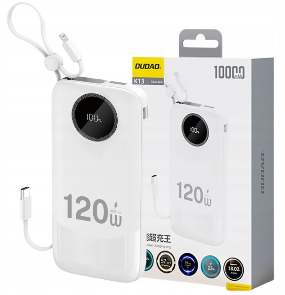 Dudao K13 10000mAh išorinė baterija su įmontuotu laidu – balta