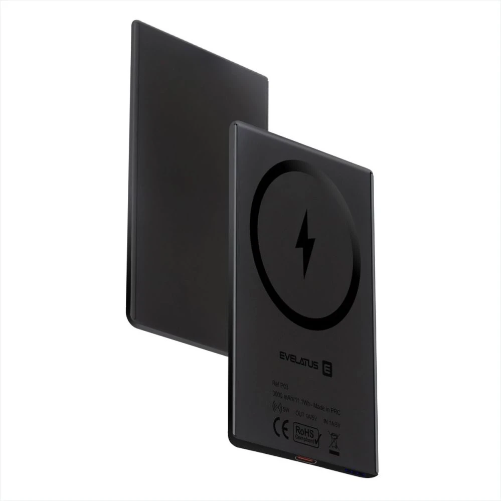 Powerbankas „Evelatus Super Slim“ su belaidžiu įkrovimu 3000 mAh, juodas (EVEP03PBSSB)