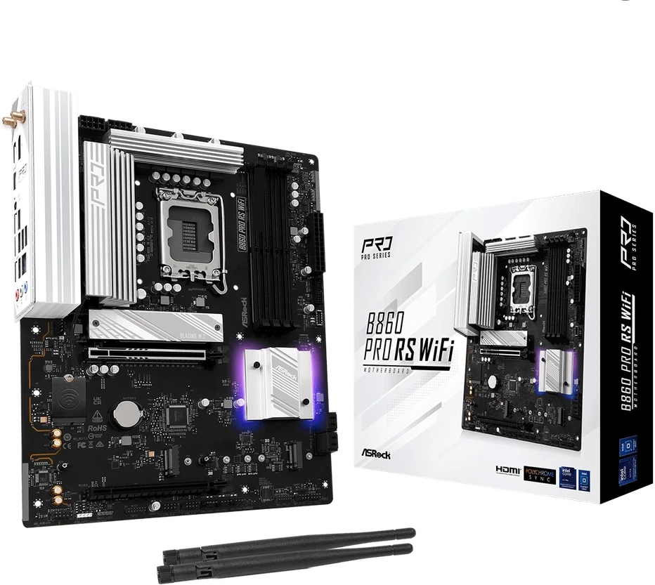 Pagrindinė plokštė ASRock B860 PRO RS WIFI | Procesorių šeima Intel | Procesoriaus lizdas LGA1851 | DDR5 | Palaikomos kietojo disko sąsajos SATA, M.2 | SATA jungčių skaičius 4