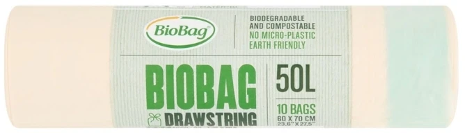 Drawstring compostable waste bags BioBag 50L (10 pieces per roll) 25 mkr. 60x70cm žalias