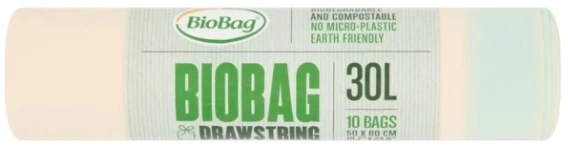 Drawstring compostable waste bags BioBag 30L (10 pieces per roll) 25 mkr. 50x60cm žalias