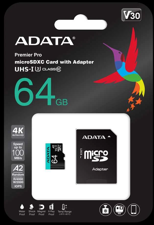Atminties kortelė ADATA | Premier Pro UHS-I U3 V30S | 64 GB | Micro SDXC | Flash atminties klasė 10 | Adapteris