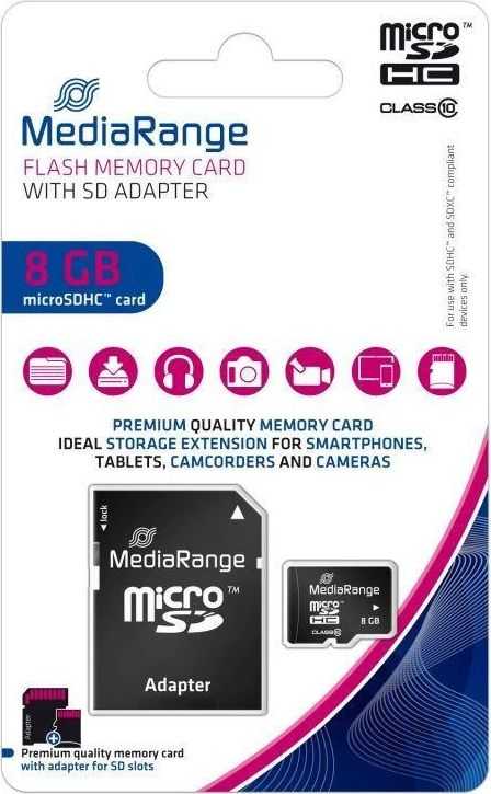 Atminties kortelė MEDIARANGE 8GB Micro SDHC - 8 GB - Micro SDHC - Class 10 - Juodas