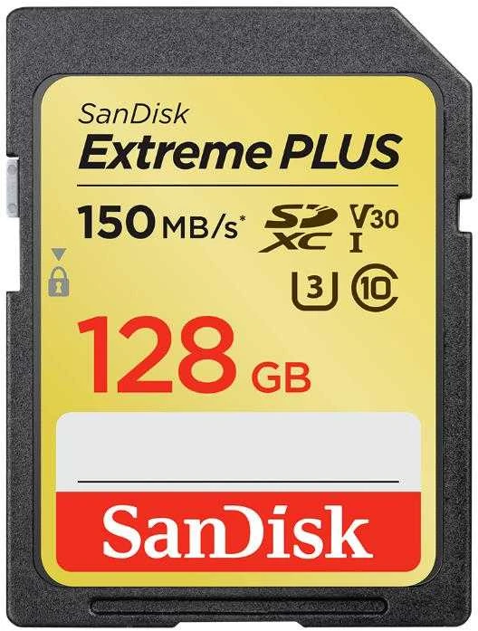 SanDisk Extreme PLUS 128GB SD kortelė iš priekio
