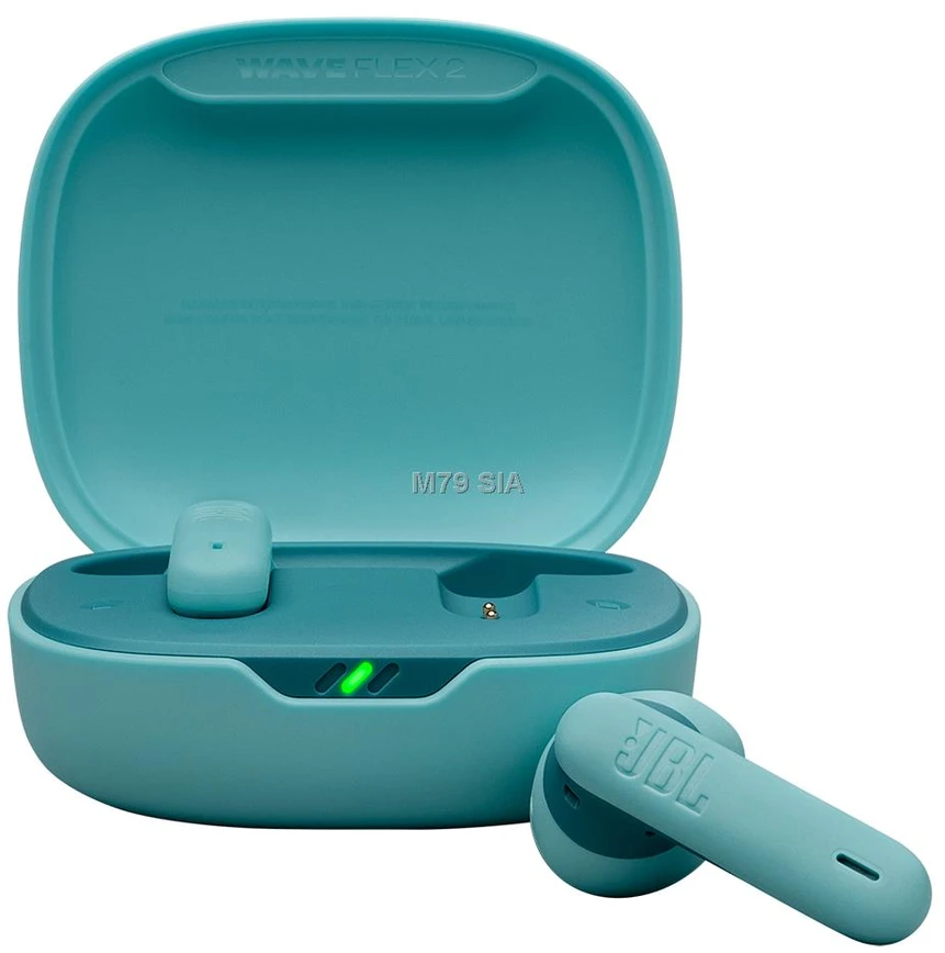 JBL Wave Flex 2 atidarytas melsvas dėklas su ausinėmis