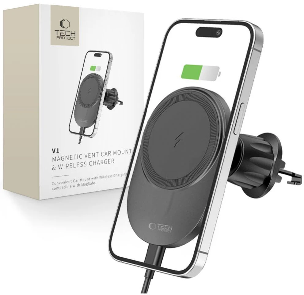 Magnetic MagSafe Automobilinis laikiklis Wireless Charging 15W for Vent Car Tech-Protect mm15W-V1 juodos spalvos