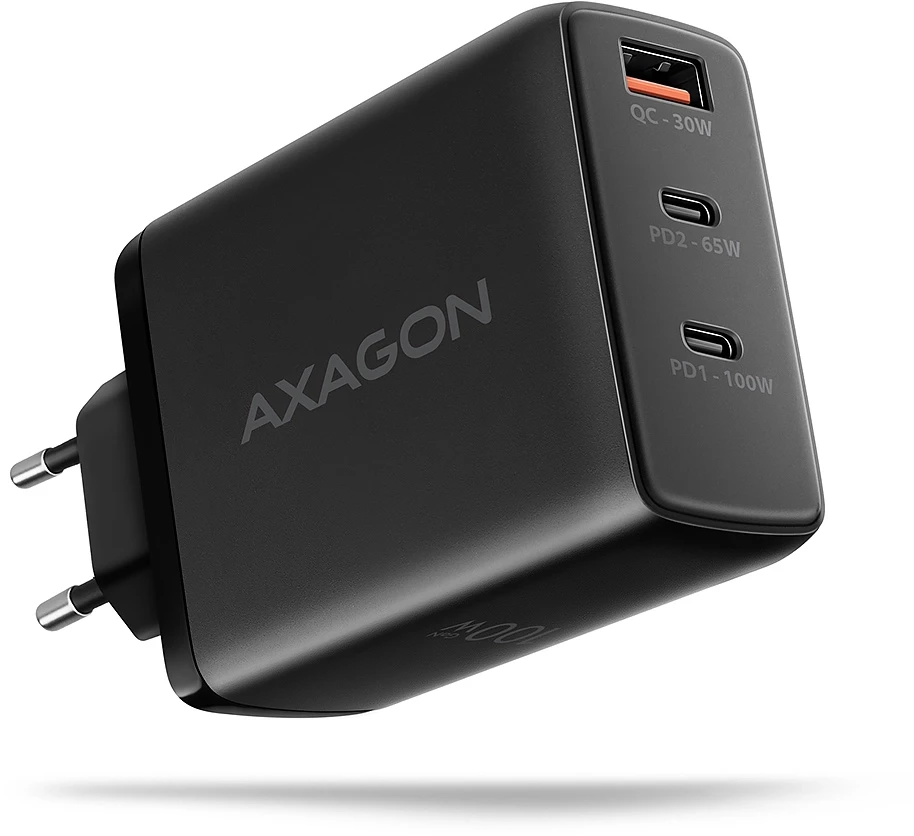 AXAGON GaN sieninis įkroviklis, 3x prievadas (USB-A + 2x USB-C), PD3.0/PPS/QC4+/SFC2.0/AFC/SCP/FCP/Apple, 100W | ACU-DPQ100