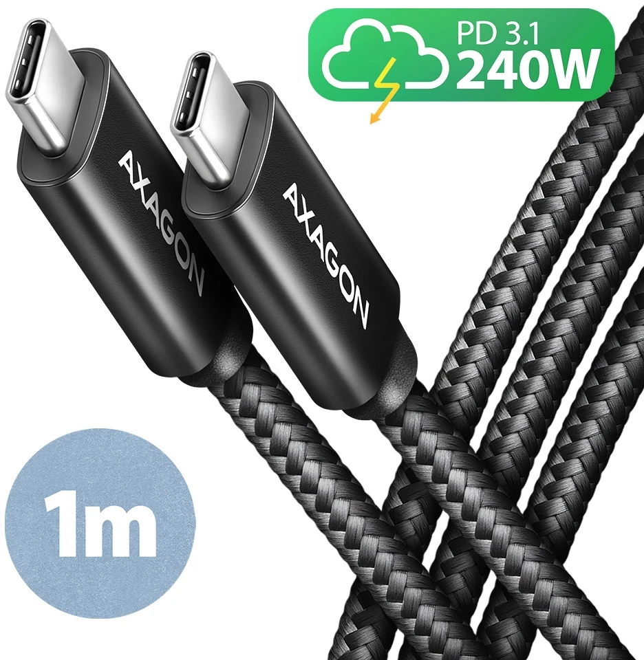 Axagon Data and charging USB 480Mbps kabelio ilgis 1.5 m. PD 240W, 5A. Juodas braided.