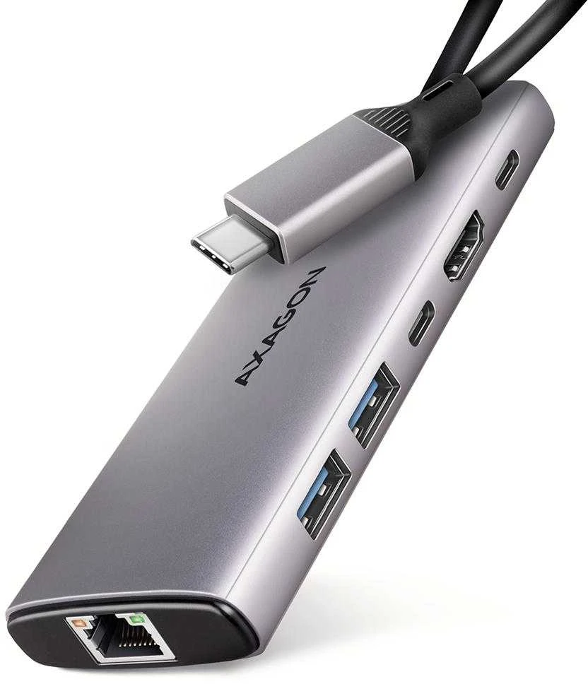 AXAGON HMC-6G2L 2x USB-A 10Gbps, 1x USB-C 10Gbps, 4K/60Hz HDMI, RJ-45, USB 3.2 Gen 2 šakotuvas, PD 100W, 15cm USB-C laidas