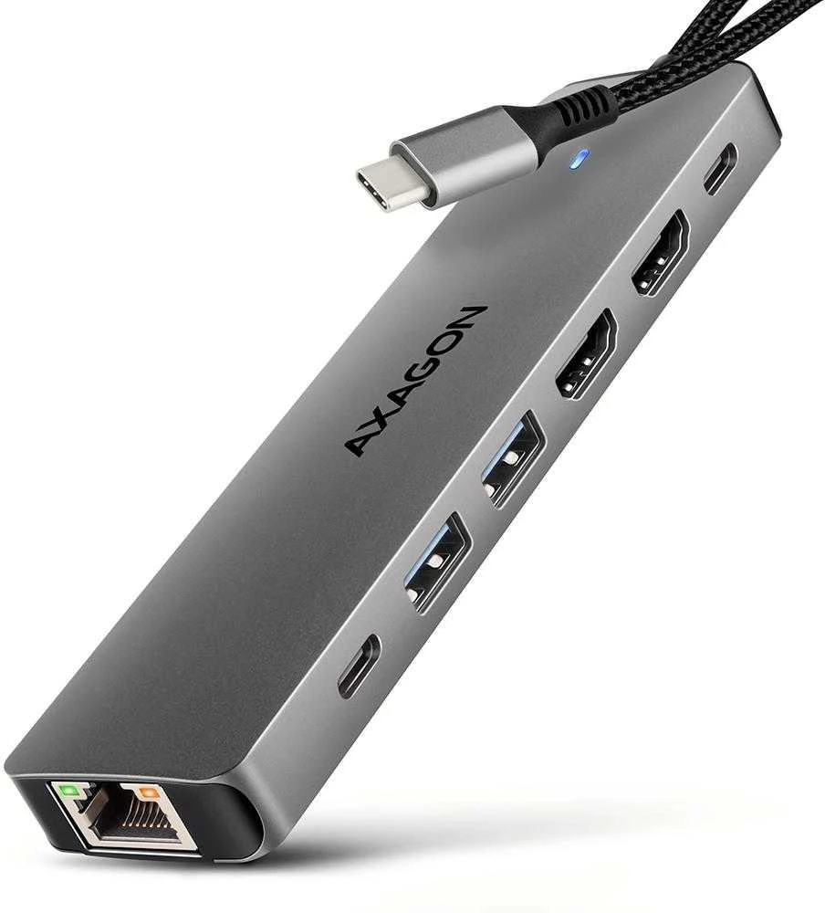 AXAGON HMC-7HX2 USB-C 3.2 Gen 1 šakotuvas, 2x USB-A + 1x USB-C, 2x HDMI 4K 60Hz, GLAN, PD 100W, 15 cm USB-C laidas