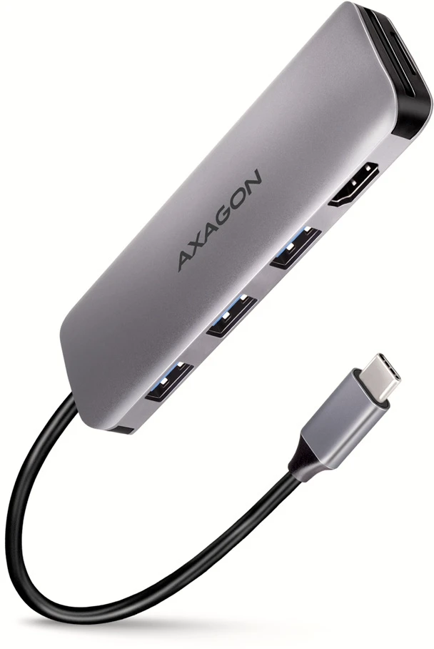 Axagon kelių prievadų USB 3.2 Gen 1 šakotuvas. HDMI, kortelių skaitytuvas ir trys USB-A išėjimai. USB-C laidas 20 cm.
