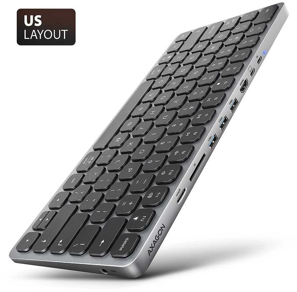 AXAGON HMC-KB klaviatūra USB-C 5Gbps su HUB, Micro SD/SD, 3x USB-A, HDMI 4K/60Hz, PD 100W, Garsas, JAV išdėstymas