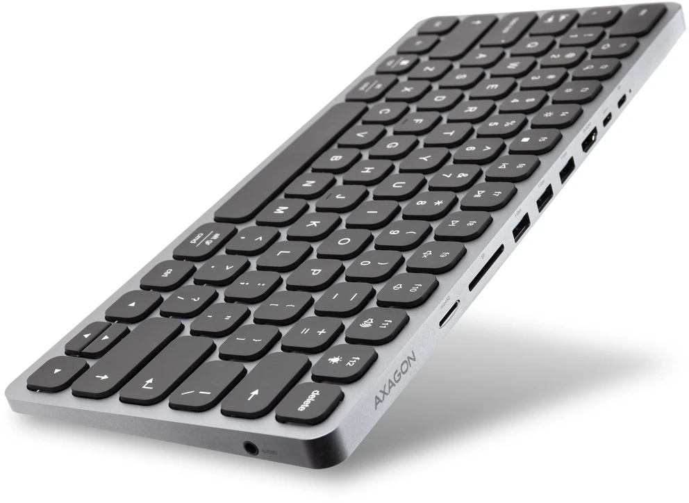 AXAGON HMC-KB klaviatūra USB-C 5Gbps su HUB, Micro SD/SD, 3x USB-A, HDMI 4K/60Hz, PD 100W, Garsas, JAV išdėstymas