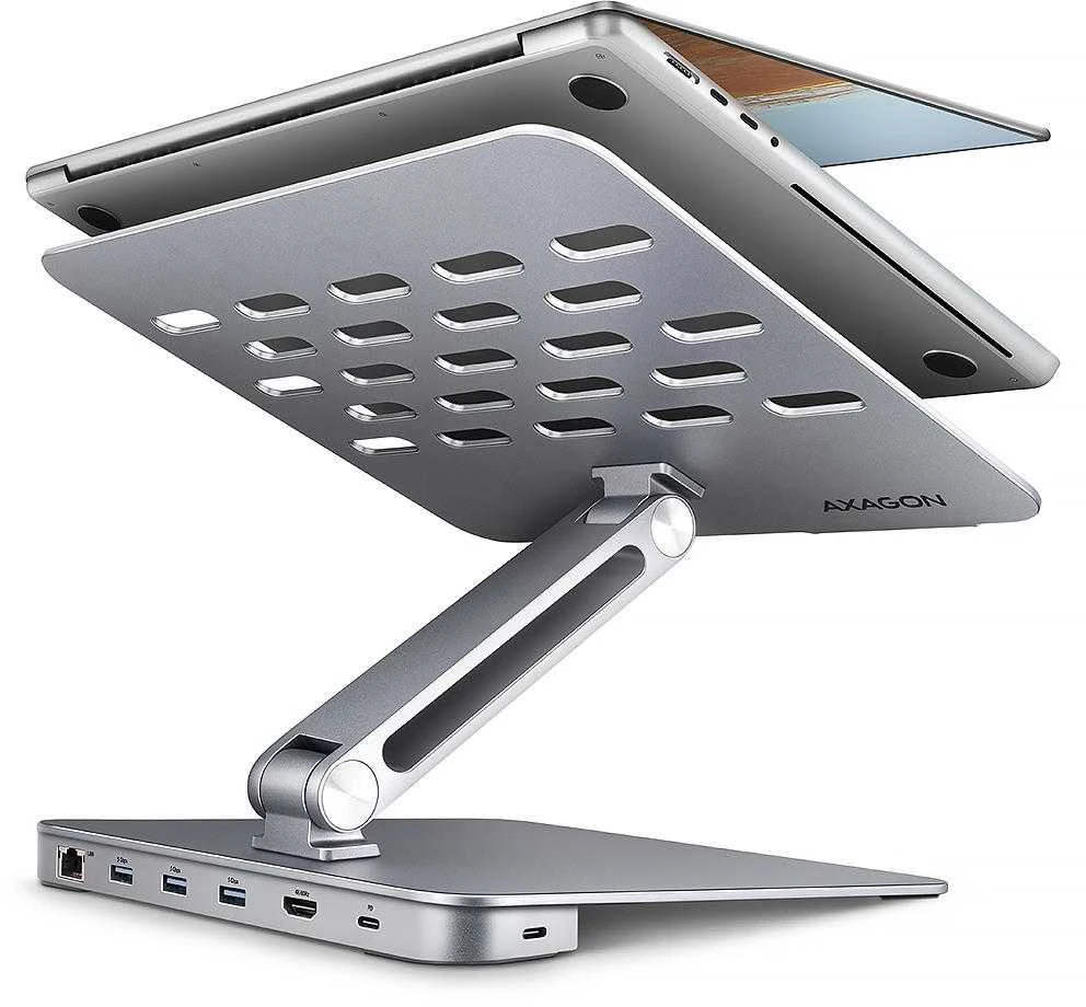AXAGON HMC-STND ALU stovas su 5 Gbps šakotuvu, skirtas 10–16 colių nešiojamiesiems kompiuteriams, reguliuojamas, 3x USB-A, HDMI 4K/60Hz, GLAN, PD 100 W, USB-C įvestis