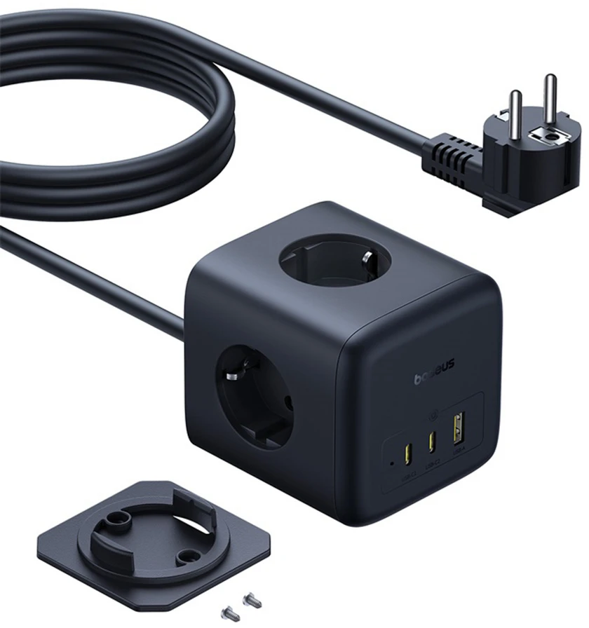 Baseus EnerFill FA11 67W ilgintuvas, USB-A + USB-C kubas + 3 x EU lizdai 1.5m – juodos spalvos