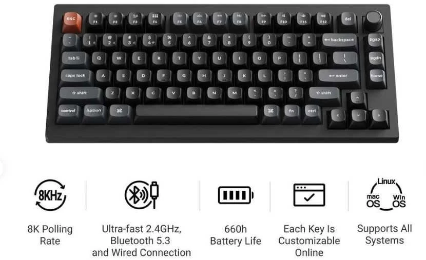 Belaidė mechaninė klaviatūra Keychron V1 Ultra Wireless (V1U-D3) | Hot Swappable | RGB | Rudi (brown) jungikliai