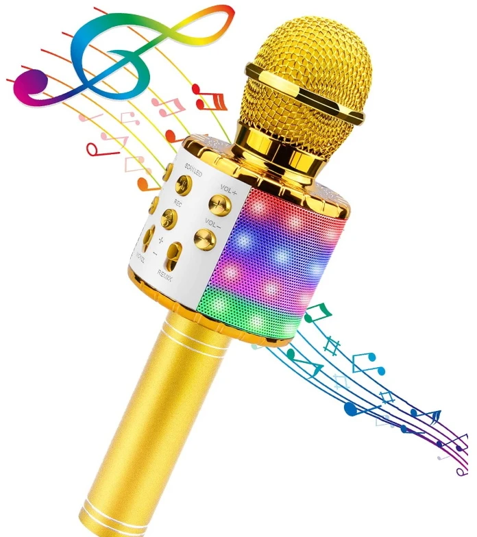 iWear M85 Karaoke Mikrofonu Bērniem un Pieaugušajiem Ar Efektu un Skaļruņiem & Rekodu Micro SD USB Bluetooth Zeltains