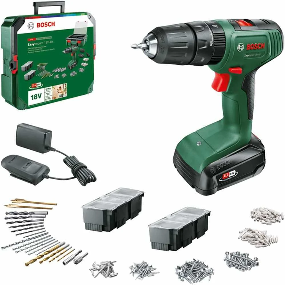 Akumuliatorinis smūginis gręžtuvas Bosch EasyImpact 18V-40, su akumuliatoriumi ir įkrovikliu