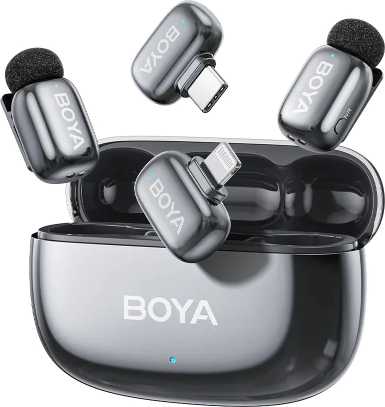 BOYA belaidis mikrofonas „Mini 2-01“ 2,4 GHz, su dirbtinio intelekto valdomu triukšmo slopinimu, 2 siųstuvais ir 2 imtuvais („Type-C“ ir „Lightning“), pilkos spalvos, ES