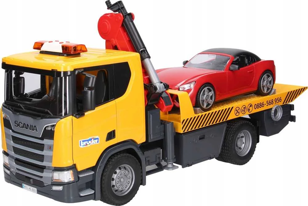 Tralas su kranu ir automobiliu Scania Bruder 3552