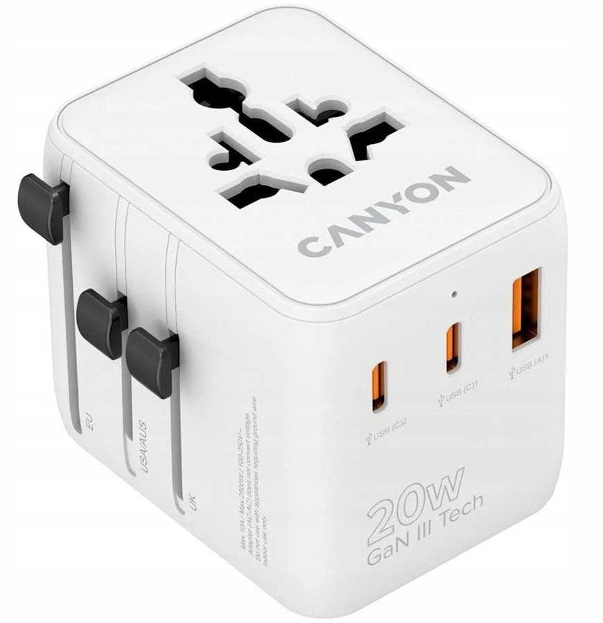 CANYON kelioninis adapteris OnTour 20 ES/JK/JAV/Australijos 20 W, baltas