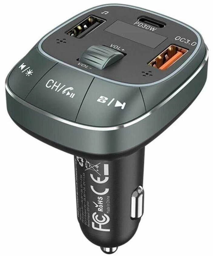 „Vention“ 3 prievadų USB (C + A + A) automobilinis įkroviklis su FM siųstuvu (30W/18W/5W) Juodas ABS tipo