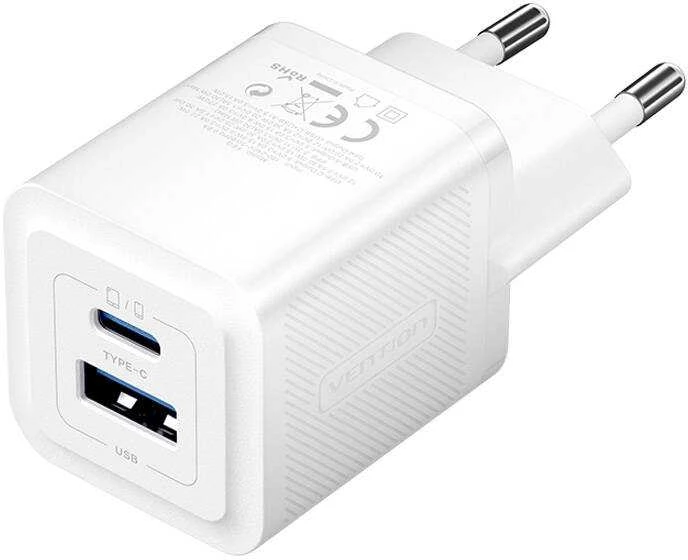 Vention Sieninis įkroviklis, ventiliacija, FEQW0-EU, USB-C + USB-A, 30W/30W, GaN (balta)