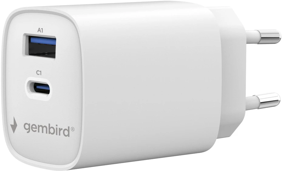 Įkroviklis Gembird Fast USB 2-port 1xUSB-C + 1x USB-A 45 W, baltas (TA-UC-1A1C-PD45-01-W)