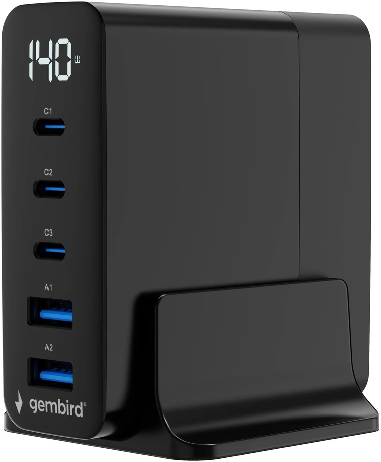 GEMBIRD 5-port 140 W GaN USB fast charger juodas