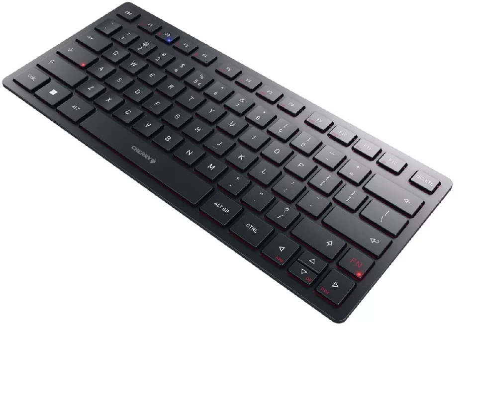 Klaviatūra CHERRY KW 9200 MINI, 75%, laidinė ir belaidė, USB + RF belaidis + Bluetooth, žirklėmis fiksuojamas klavišų jungiklis, QWERTY, juoda