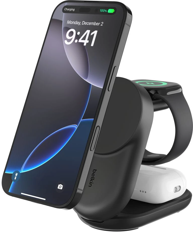 Belkin Įkroviklis magnetyczna Qi2 25W, 3w1, składana, maitinimo šaltinis 45W, juoda