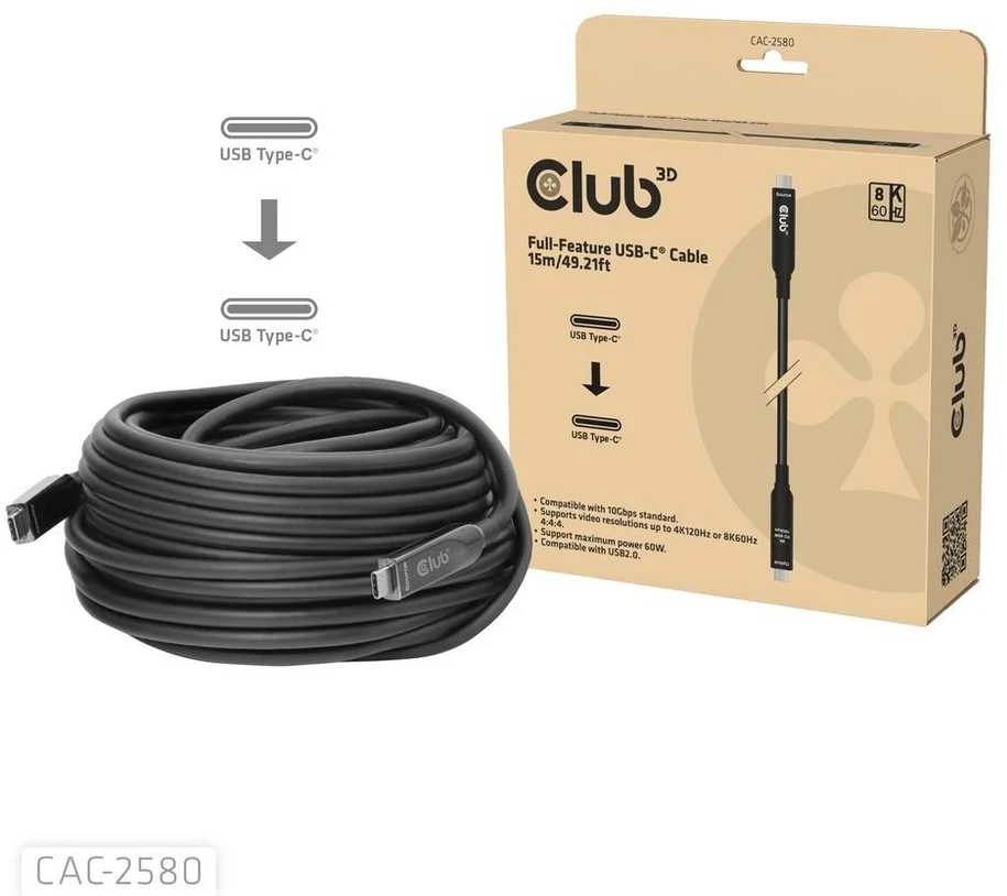 Kabelis USB Club 3D USB-C - USB-C 15 m Juodas (CAC-2580)