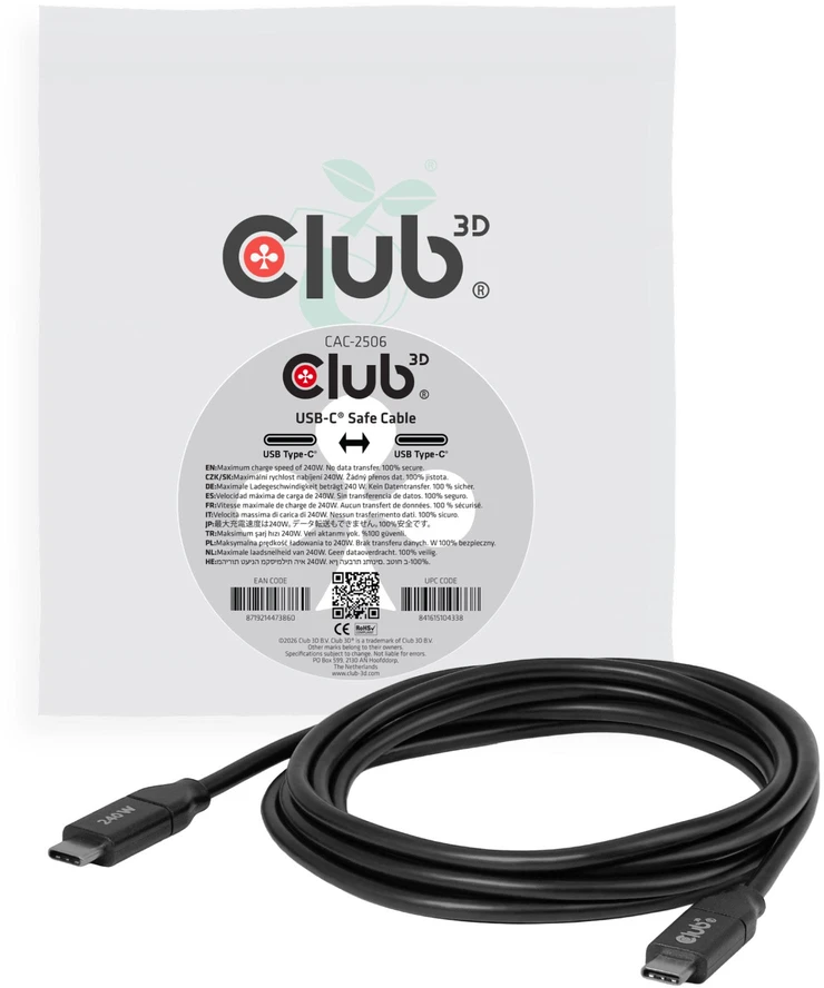 Kabelis USB Club 3D Club3D USB-C kabelis su apsauga 240W 2m, plienas/ plienas, folijos maišelis