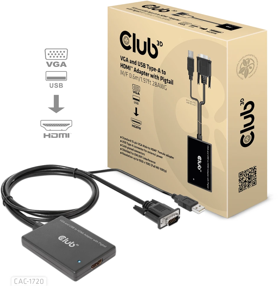 Club 3D CLUB3D CAC-1720 laidinis adapteris 0,6 m HDMI A tipas (standartinis) VGA (D-Sub) + USB Juodos spalvos