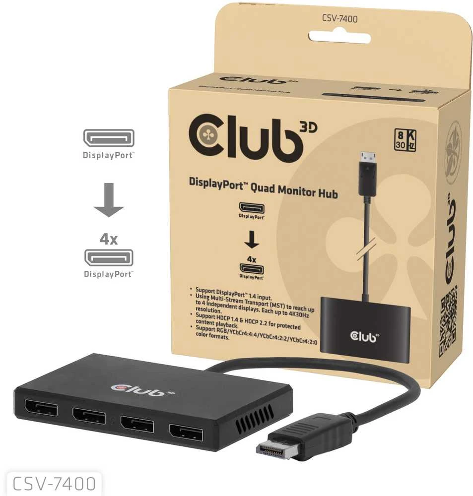 „Club 3D Hub USB Club Hub 3D MST“ (daugiasrautinis perdavimas) „DisplayPort 1.4“ su 4 „DisplayPort“, daugiakanalis monitorius, 4 „4K30Hz“, „8K30Hz“