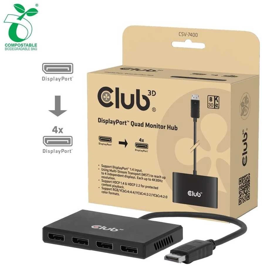 „Club 3D Hub USB Club Hub 3D MST“ (daugiasrautinis perdavimas) „DisplayPort 1.4“ su 4 „DisplayPort“, daugiakanalis monitorius, 4 „4K30Hz“, „8K30Hz“