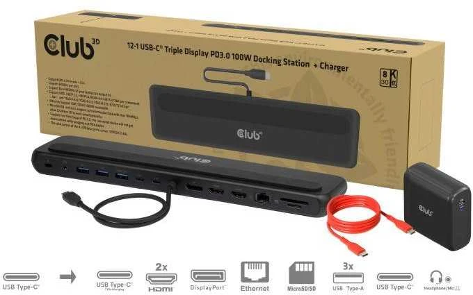 „Club 3D“ „Club3D“ USB-C prijungimo stotelė 12v1, 2xHDMI, 1xDP, 2xUSB-C, 3xUSB, 1xRJ45, 1x3,5 mm, juoda