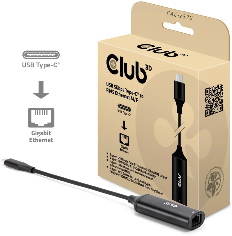 Club 3D CLUB3D USB-C įėjimo/išėjimo adapteris į RJ45/M/F CAC-2530