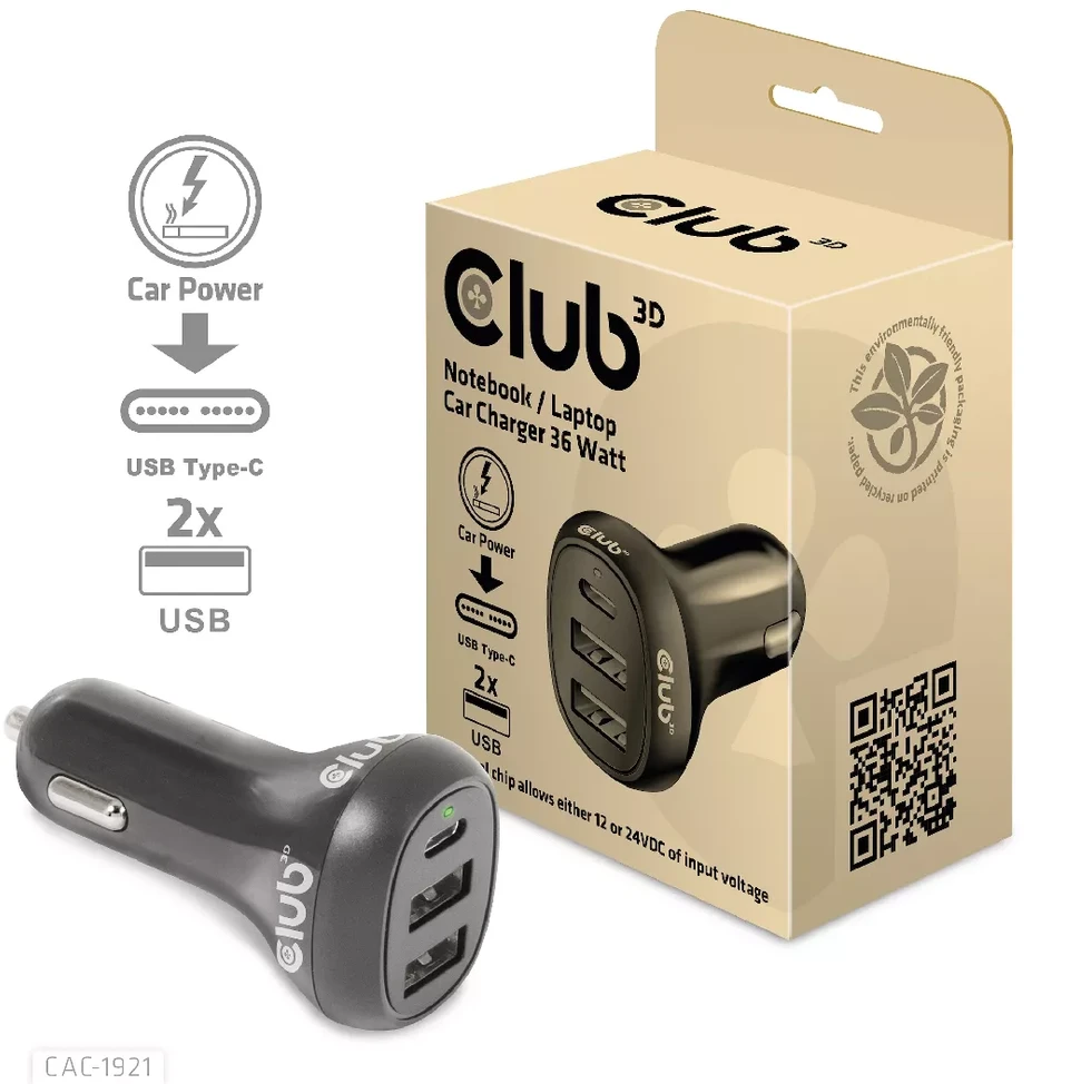 Įkroviklis Club 3D Club3D automobilinis įkroviklis nešiojamiesiems kompiuteriams 36W, 3 prievadai (2xUSB-A + USB-C)
