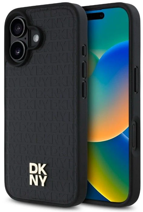 DKNY PU Leather Repeat Pattern Stack Logo MagSafe Apple iPhone 16 Plus dėklas telefonui juodos spalvos